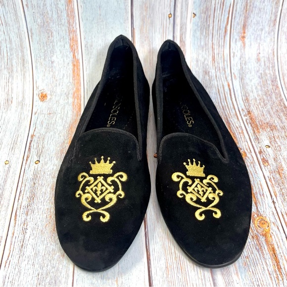 Aerosoles Black Velvet Betunia Smoking Slipper Loafer Gold Crown Embroidery 5.5 - Picture 6 of 8